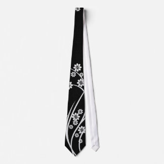 White Floral Black Silky Mens' Neck Tie