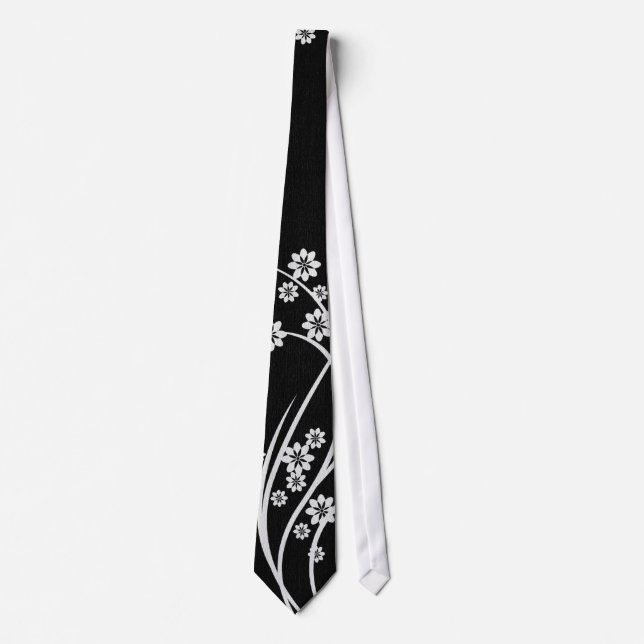 White Floral Black Silky Mens' Neck Tie (Front)