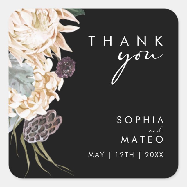 White Floral  | Black Thank You Wedding Square Sticker (Front)