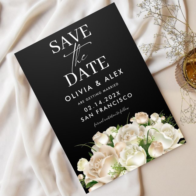 White Floral Black Wedding Save The Date (Creator Uploaded)