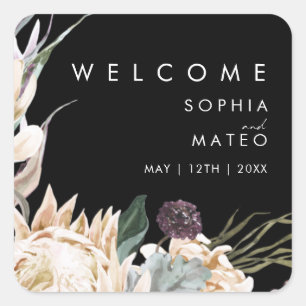 White Floral   Black Wedding Welcome Square Sticker