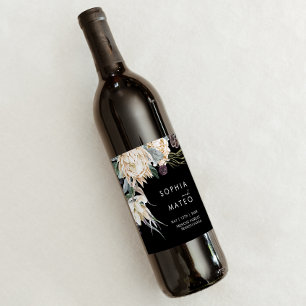 White Floral Black Wedding Wine Label