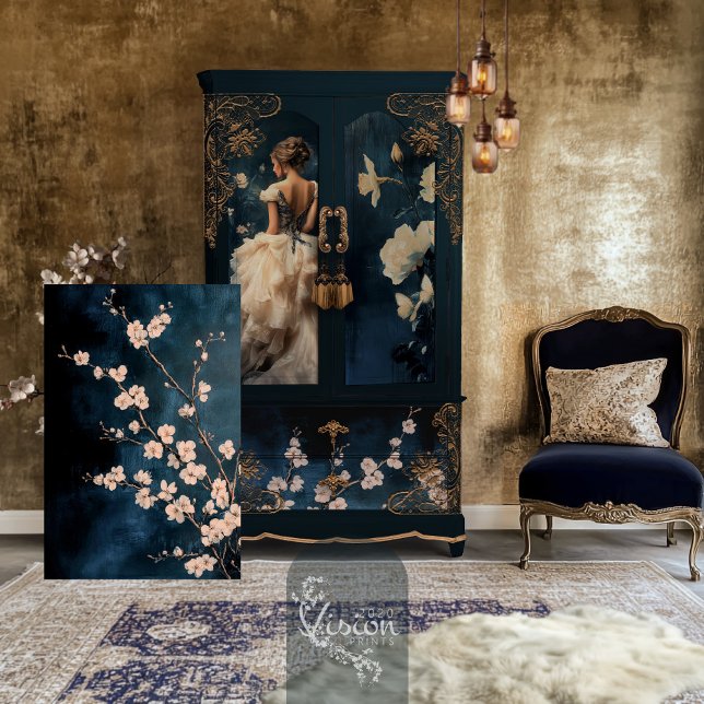 White Floral Blossoms Branches Navy Background Tissue Paper (Navy Blue, White tattered Floral Blossoms and branches, decoupage tissue paper.)