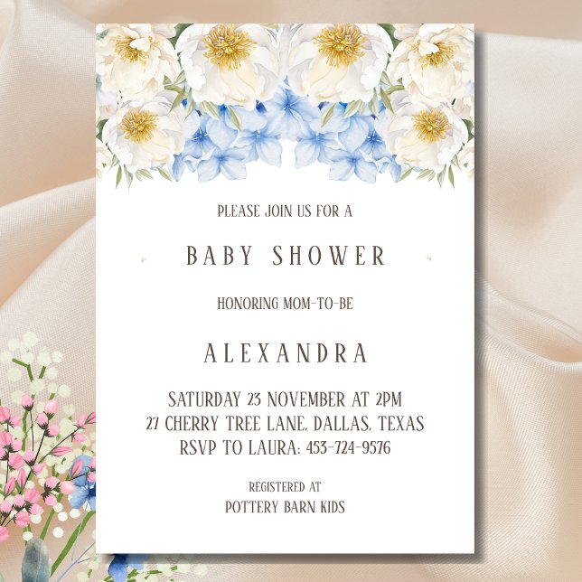 White Floral Blue Hydrangea Garden Baby Shower Invitation (Creator Uploaded)