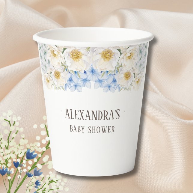 White Floral Blue Hydrangea Garden Baby Shower Paper Cups (Creator Uploaded)