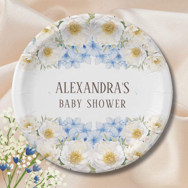 White Floral Blue Hydrangea Garden Baby Shower Paper Plate (Creator Uploaded)