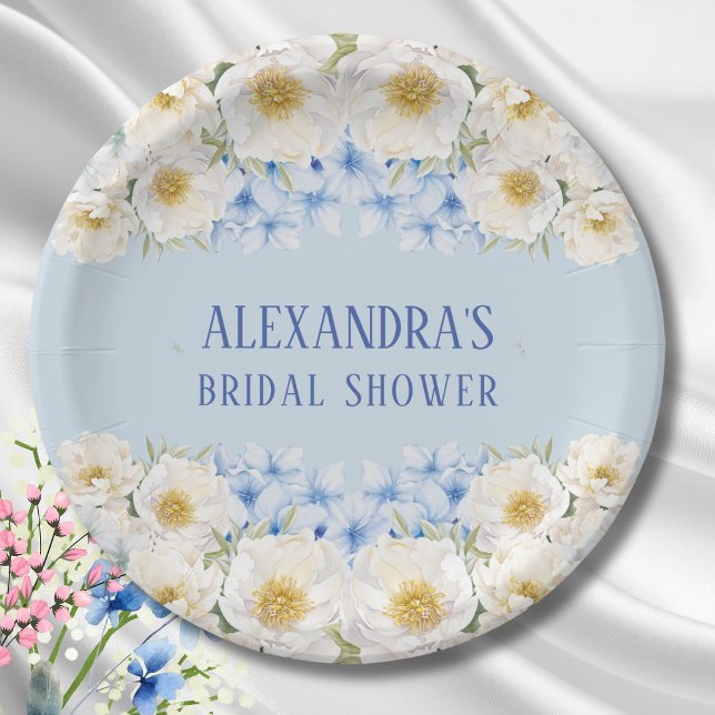 White Floral Blue Hydrangea Garden Bridal Shower Paper Plate (Creator Uploaded)