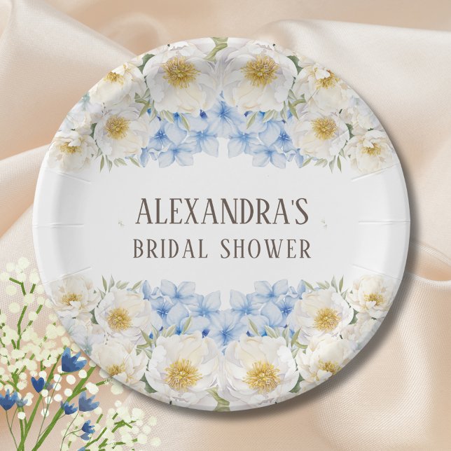 White Floral Blue Hydrangea Garden Bridal Shower Paper Plate (Creator Uploaded)