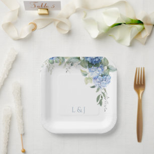 White Floral Blue Hydrangea Initials Wedding Paper Plate
