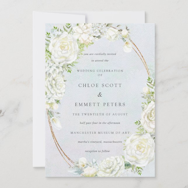 White Floral Blue Watercolor Wedding Invitation (Front)