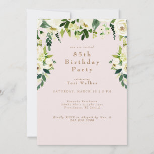 White Floral Blush 85th Birthday Party Invitation