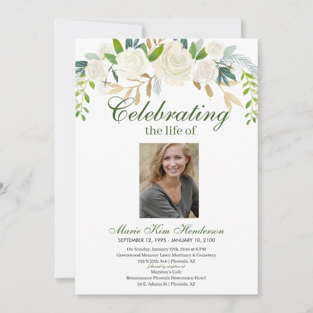 White Floral Boho Bouquet Memorial Funeral Photo  Invitation (Front)