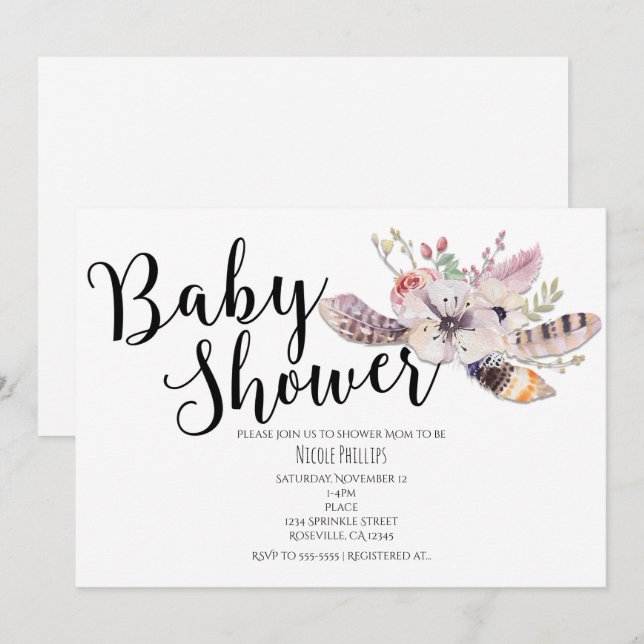 White Floral Boho Chic Baby Shower Invitations (Front/Back)