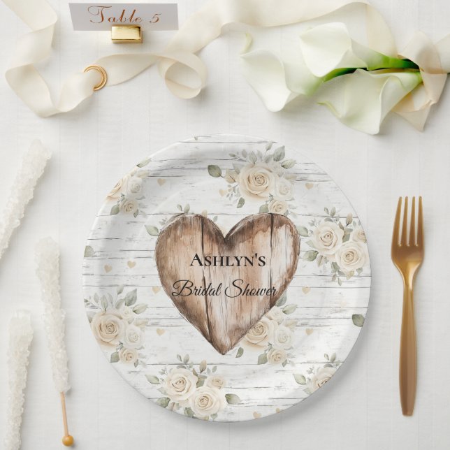 White Floral Boho Faux Wood Heart Bridal Shower Paper Plate (Wedding)