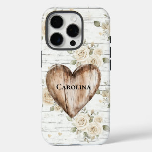 White Floral Boho Faux Wood Heart iPhone 16 Pro Case