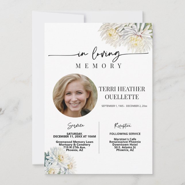 White Floral Boho Funeral Memorial Service Photo Invitation (Front)