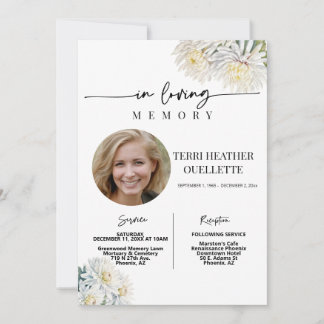 White Floral Boho Funeral Memorial Service Photo Invitation