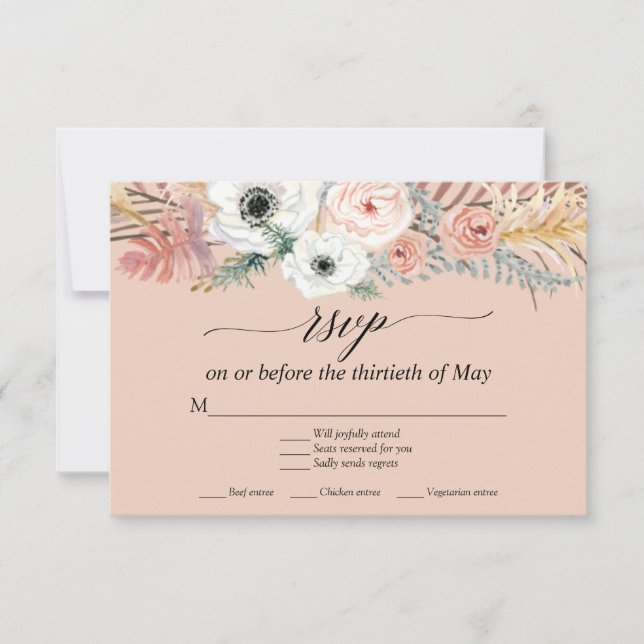 White Floral Boho Pampas Grass Tropical Palm RSVP (Front)