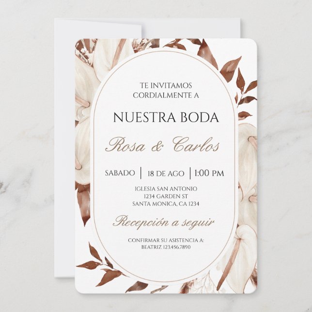 White Floral Boho Spanish Wedding Invitation (Front)