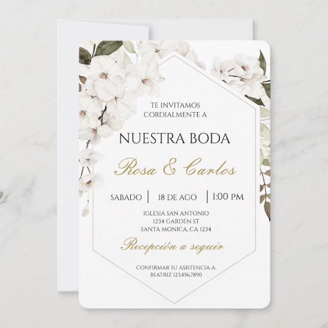 White Floral Boho Spanish Wedding Invitation (Front)
