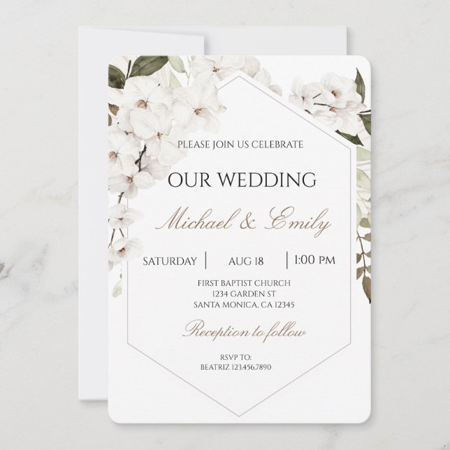 White Floral Boho Wedding Invitation (Front)