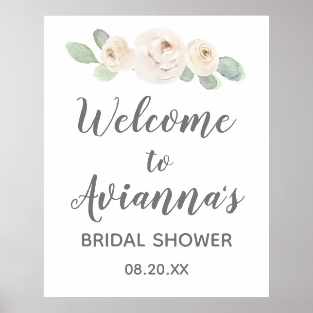 White Floral Botanical Bridal Shower Welcome Sign (Front)