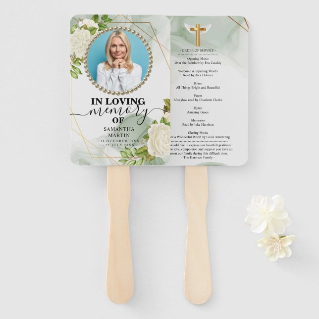 White Floral Botanical Celebration of Life Hand Fan (Front and Back)
