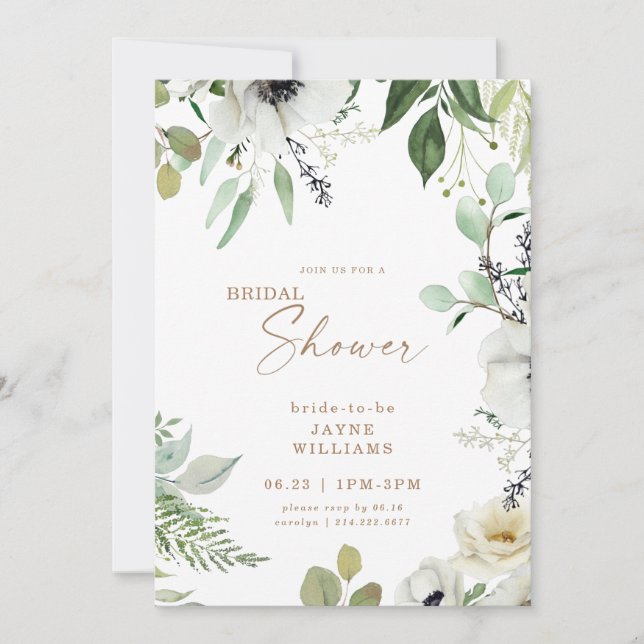 White Floral Botanical Eucalyptus Bridal Shower Invitation (Front)
