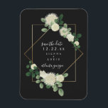 White Floral Botanical Grey Wedding Save The Date Magnet<br><div class="desc">An elegant wedding save the date featuring a watercolor inspired illustration of greenery and white flowers with a geometric frame over a dark grey background and white text.</div>