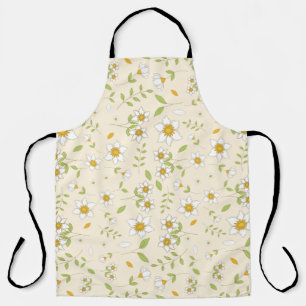 White Floral Botanical Pattern on Cream Apron