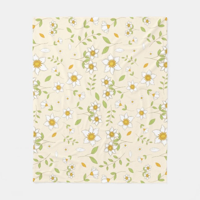 White Floral Botanical Pattern on Cream Fleece Blanket (Front)