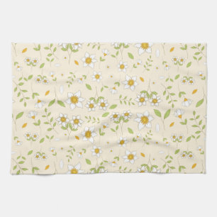 White Floral Botanical Pattern on Cream Tea Towel