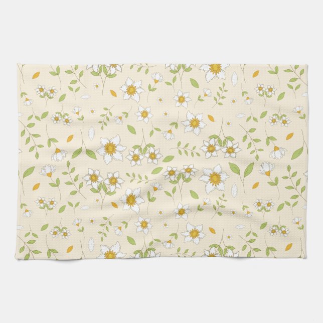 White Floral Botanical Pattern on Cream Tea Towel (Horizontal)