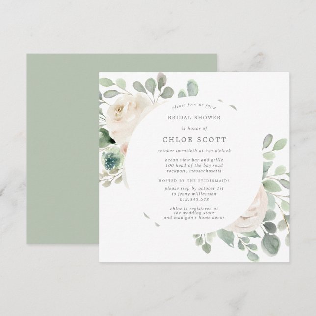 White Floral Botanical Square Bridal Shower Invita Invitation (Front/Back)