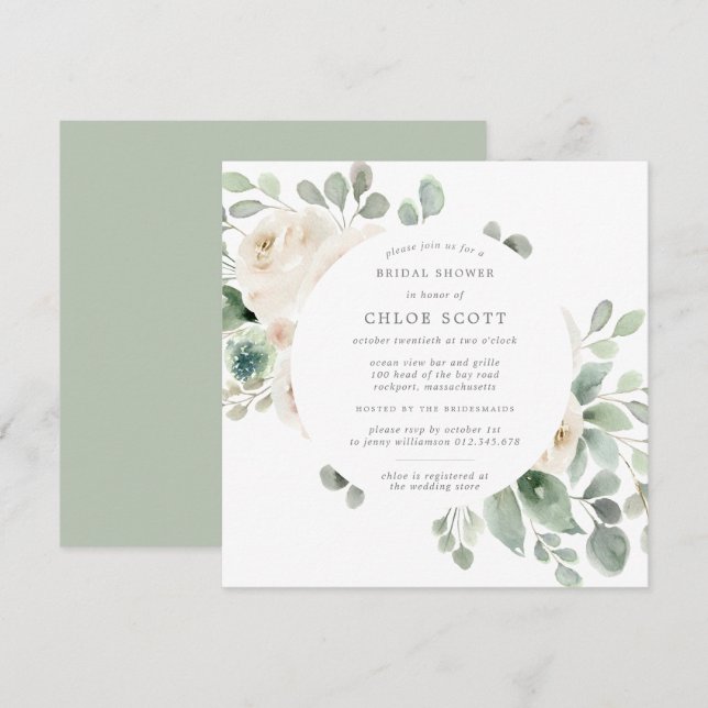 White Floral Botanical Square Bridal Shower Invitation (Front/Back)