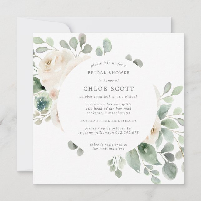 White Floral Botanical Square Bridal Shower  Invitation (Front)