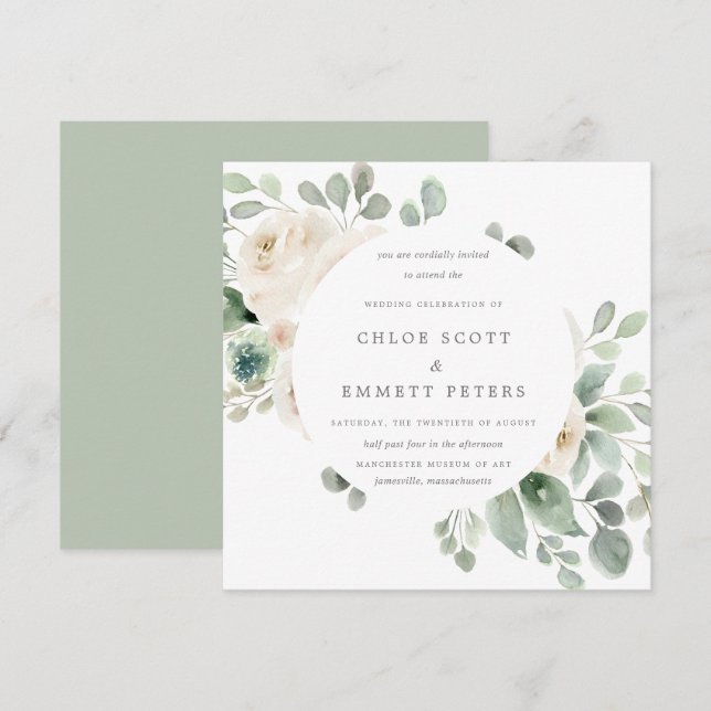 White Floral Botanical Square Wedding Invitation (Front/Back)