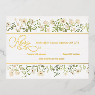 White Floral Botanical Wildflowers RSVP Real Gold Foil Invitation Postcard