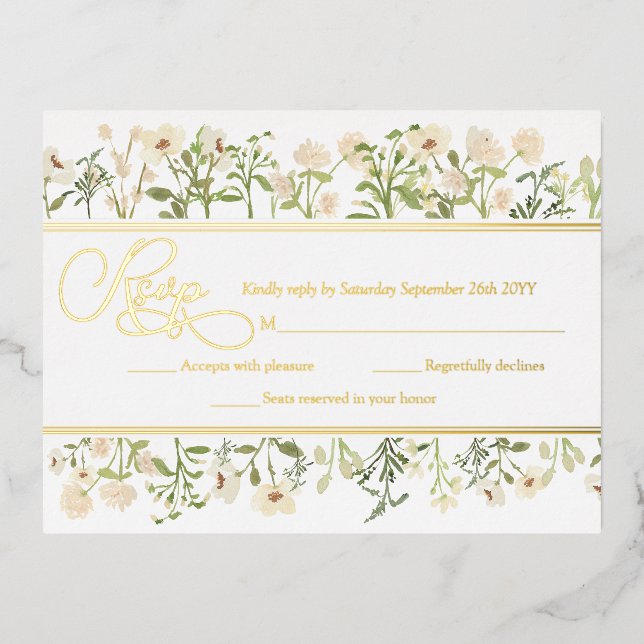 White Floral Botanical Wildflowers RSVP Real Gold Foil Invitation Postcard (Front)