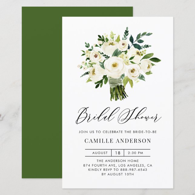 White Floral Bouquet Bridal Shower Invitation (Front/Back)