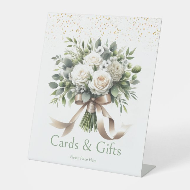White Floral Bouquet Cards and Gifts  Pedestal Sign (Front)