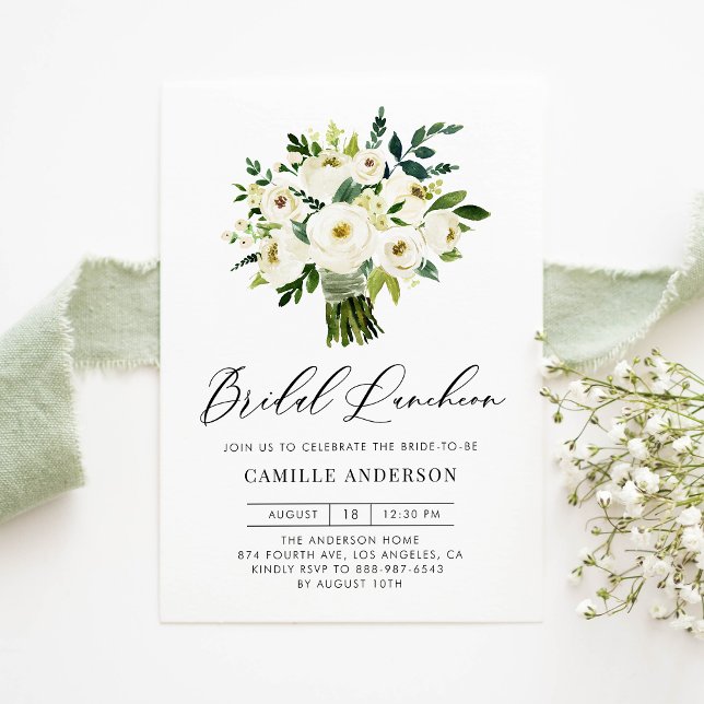 White Floral Bouquet Spring Bridal Luncheon Invitation (Creator Uploaded)