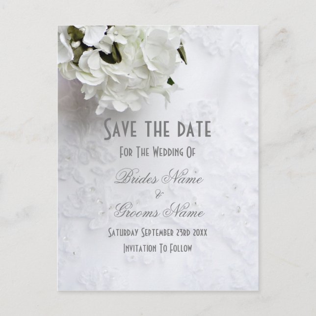 White floral bouquet wedding save the date announcement postcard (Front)