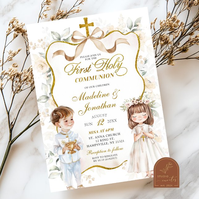 White Floral Boy and Girl First Holy Communion Invitation (Creator Uploaded)