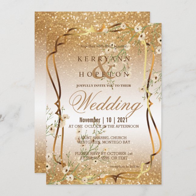 White Floral Branch and Gold Glitter Invitation (Front/Back)