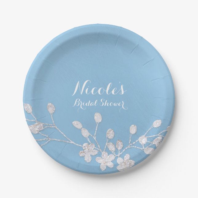 White Floral Branch Blue Bridal Shower Chic Custom Paper Plate (Front)