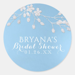 White Floral Branch Blue Bridal Shower Party Favou Classic Round Sticker