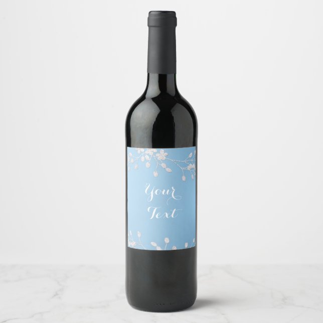 White Floral Branch Winter Blue Custom Wine Labels (Front)