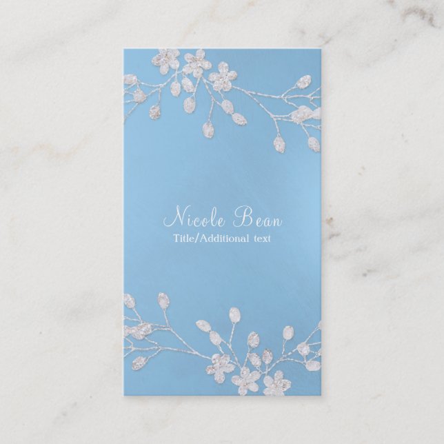 White Floral Branch Winter Blue Elegant Chic Business Card (Front)