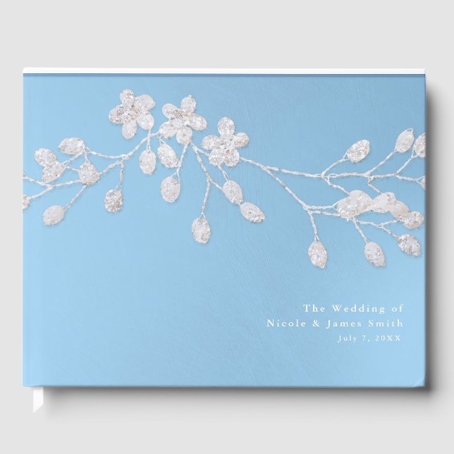 White Floral Branch Winter Blue Elegant Wedding Guest Book (Front)